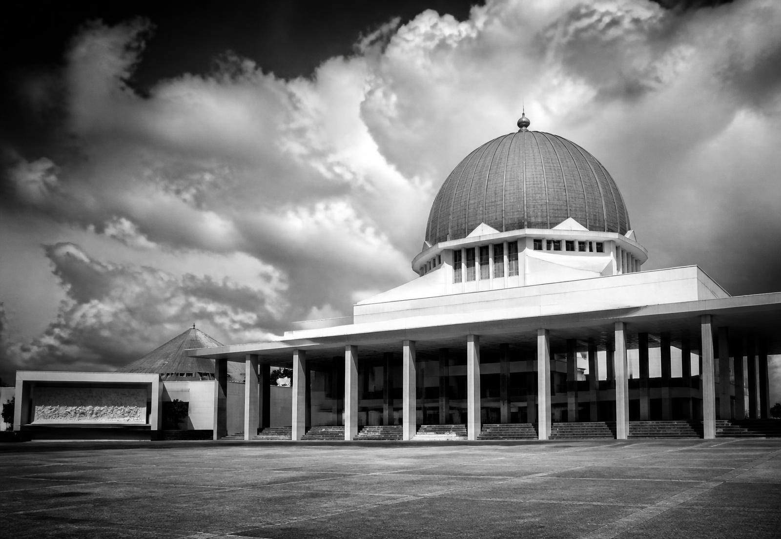 Monochrome photograph of the National Assembly Complex, Abuja