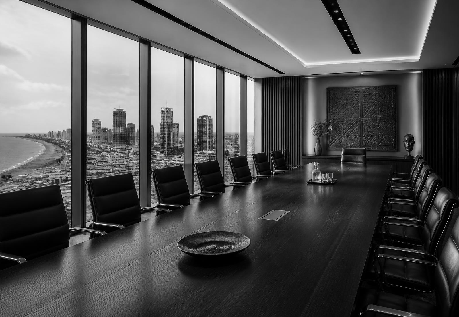 Monochrome photograph of an executive boardroom overlooking Lagos